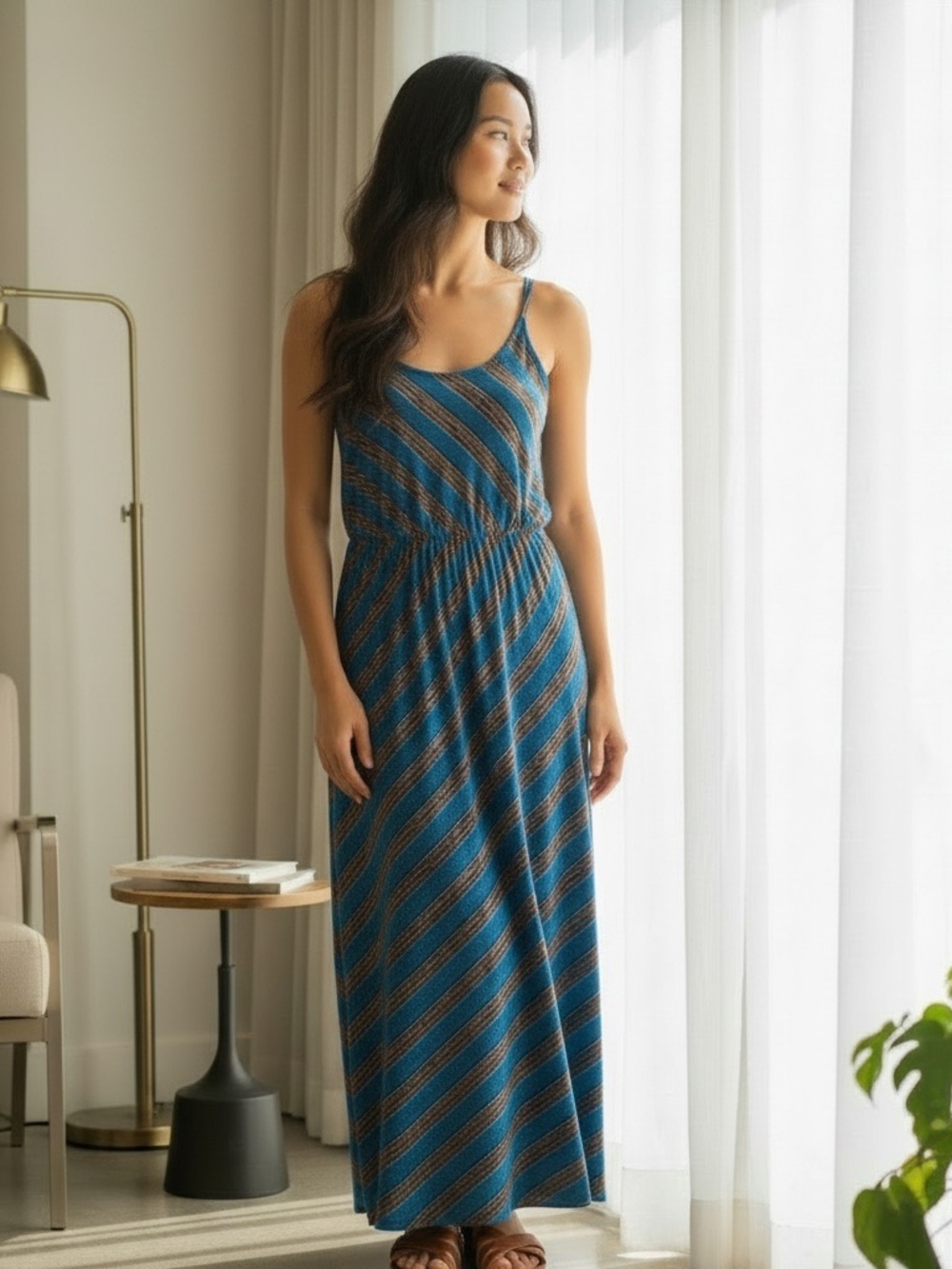 Espresso Striped Maxi Dress with Multicolor Pattern
